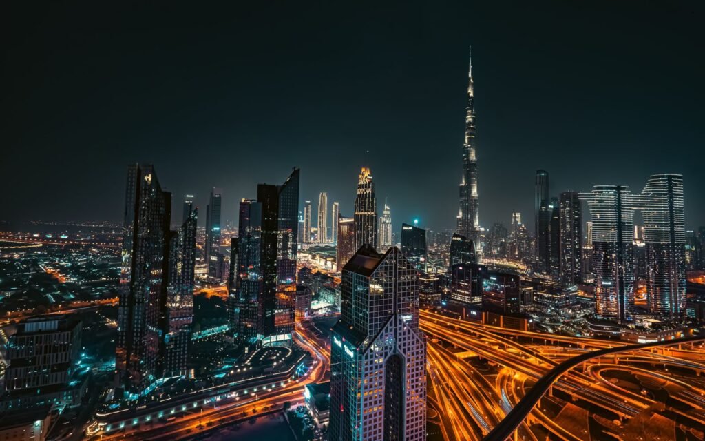 Dubai skyline at night UAE free zone company setup